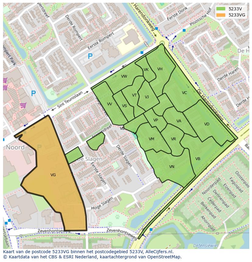 Afbeelding van het postcodegebied 5233 VG op de kaart.
