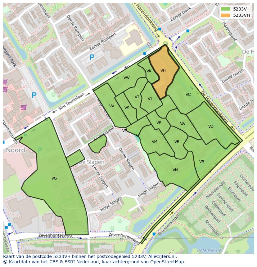 Afbeelding van het postcodegebied 5233 VH op de kaart.