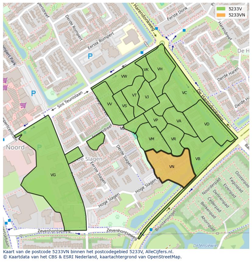 Afbeelding van het postcodegebied 5233 VN op de kaart.