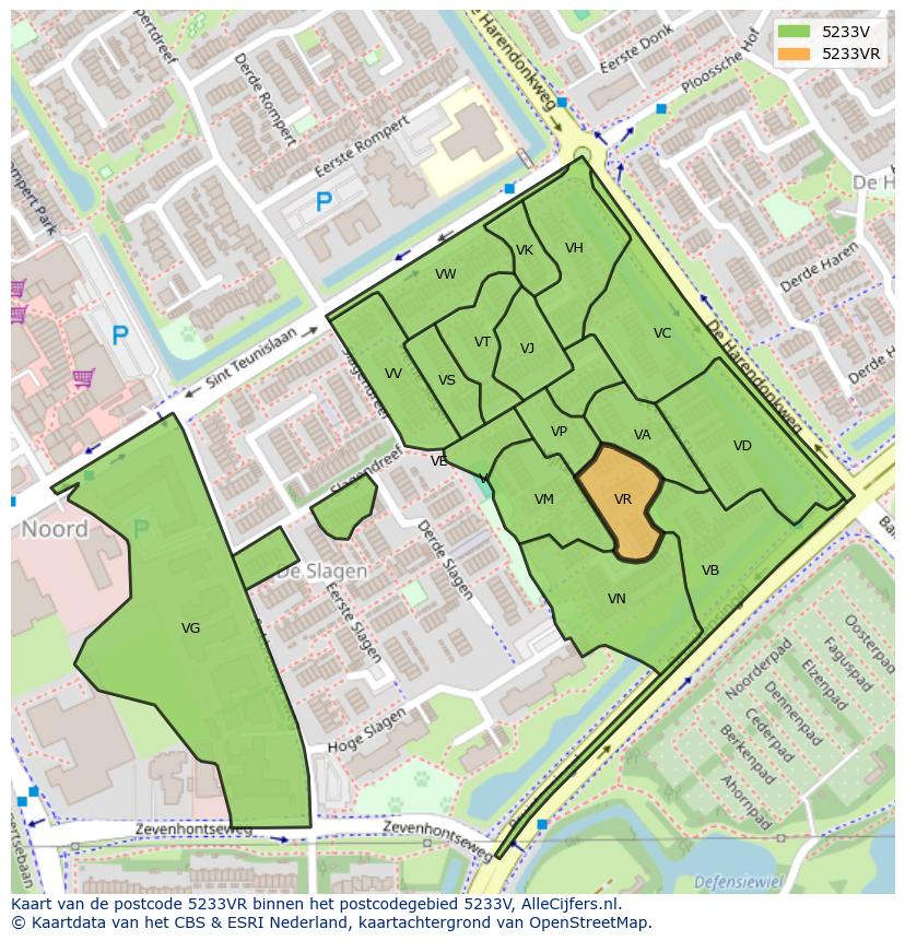 Afbeelding van het postcodegebied 5233 VR op de kaart.