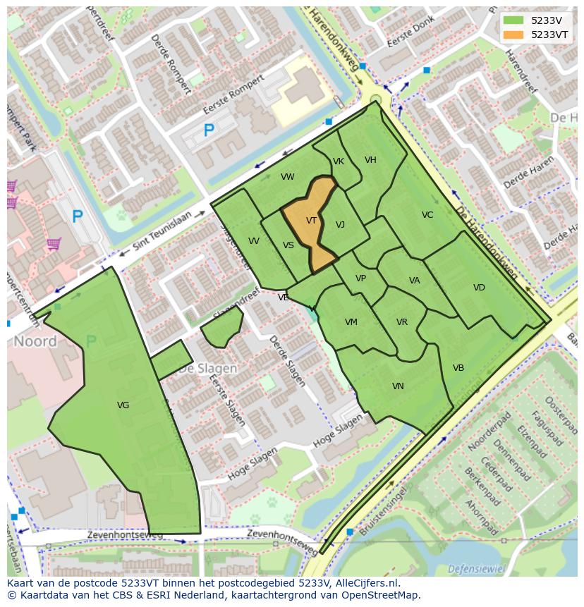 Afbeelding van het postcodegebied 5233 VT op de kaart.