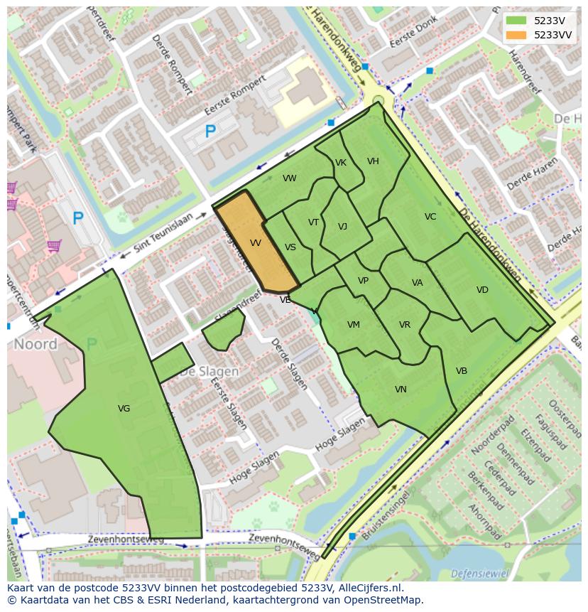 Afbeelding van het postcodegebied 5233 VV op de kaart.