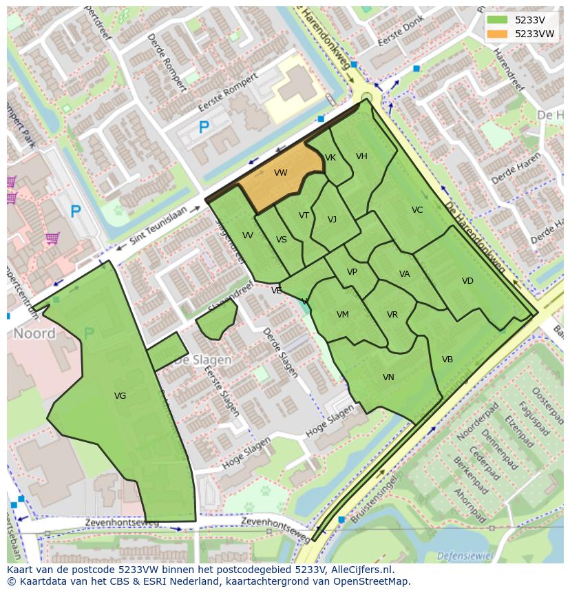 Afbeelding van het postcodegebied 5233 VW op de kaart.