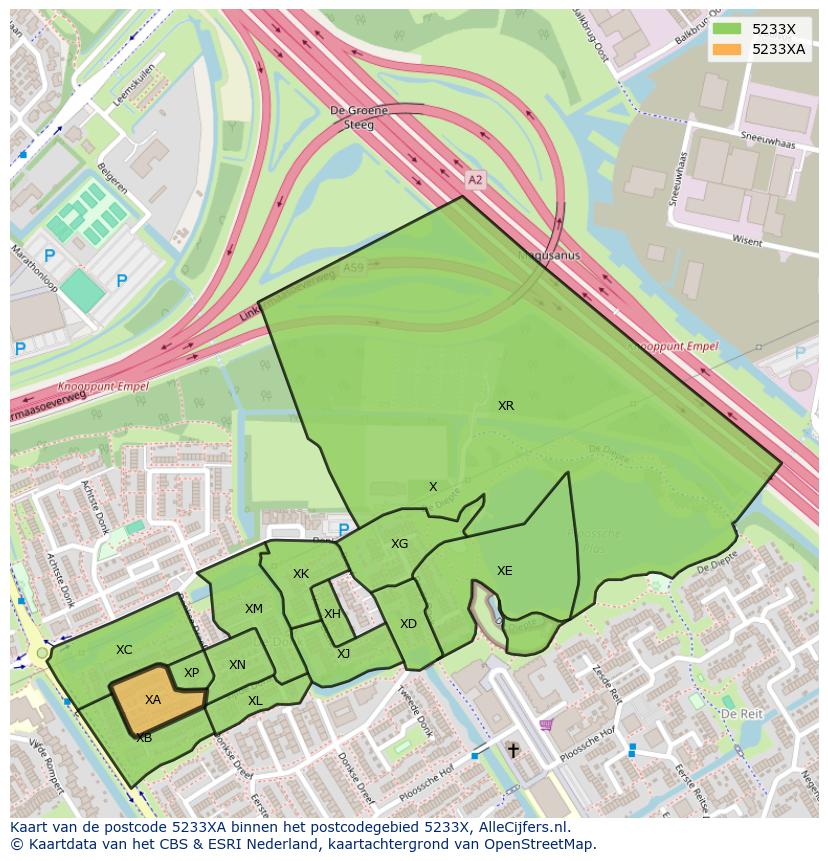 Afbeelding van het postcodegebied 5233 XA op de kaart.