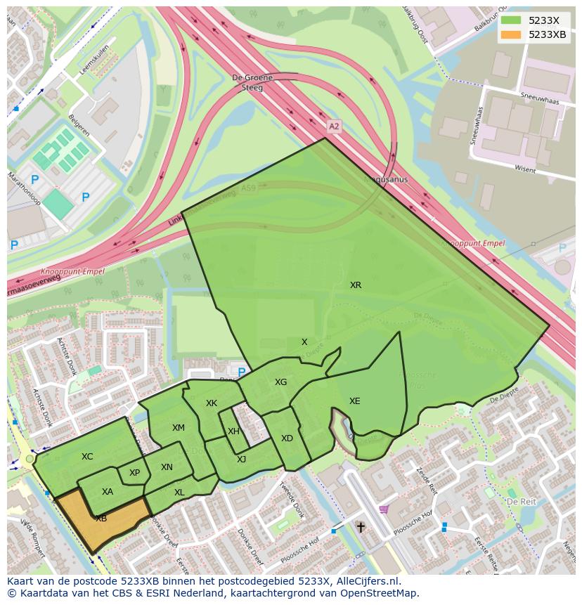 Afbeelding van het postcodegebied 5233 XB op de kaart.