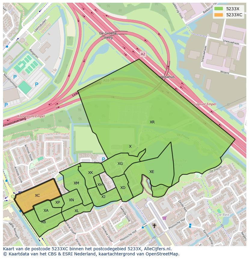Afbeelding van het postcodegebied 5233 XC op de kaart.