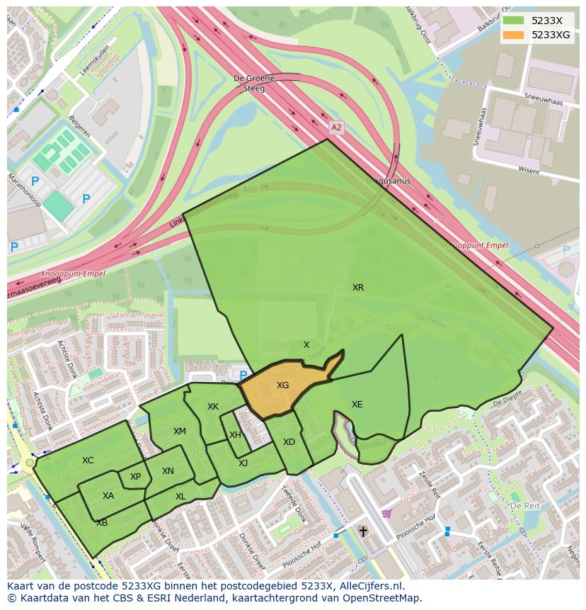 Afbeelding van het postcodegebied 5233 XG op de kaart.