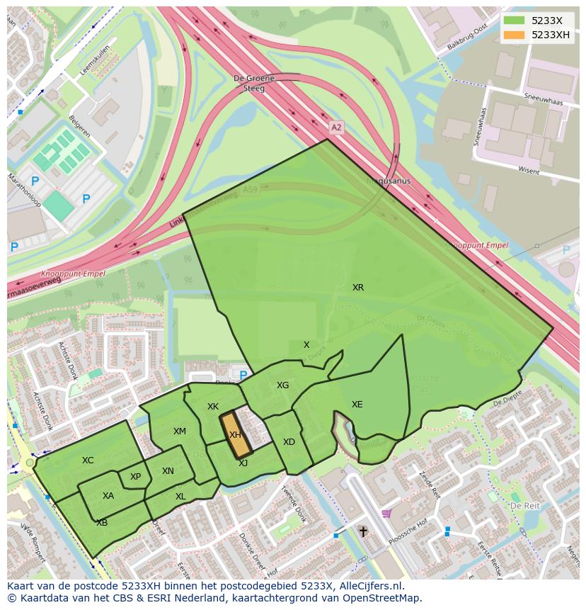 Afbeelding van het postcodegebied 5233 XH op de kaart.