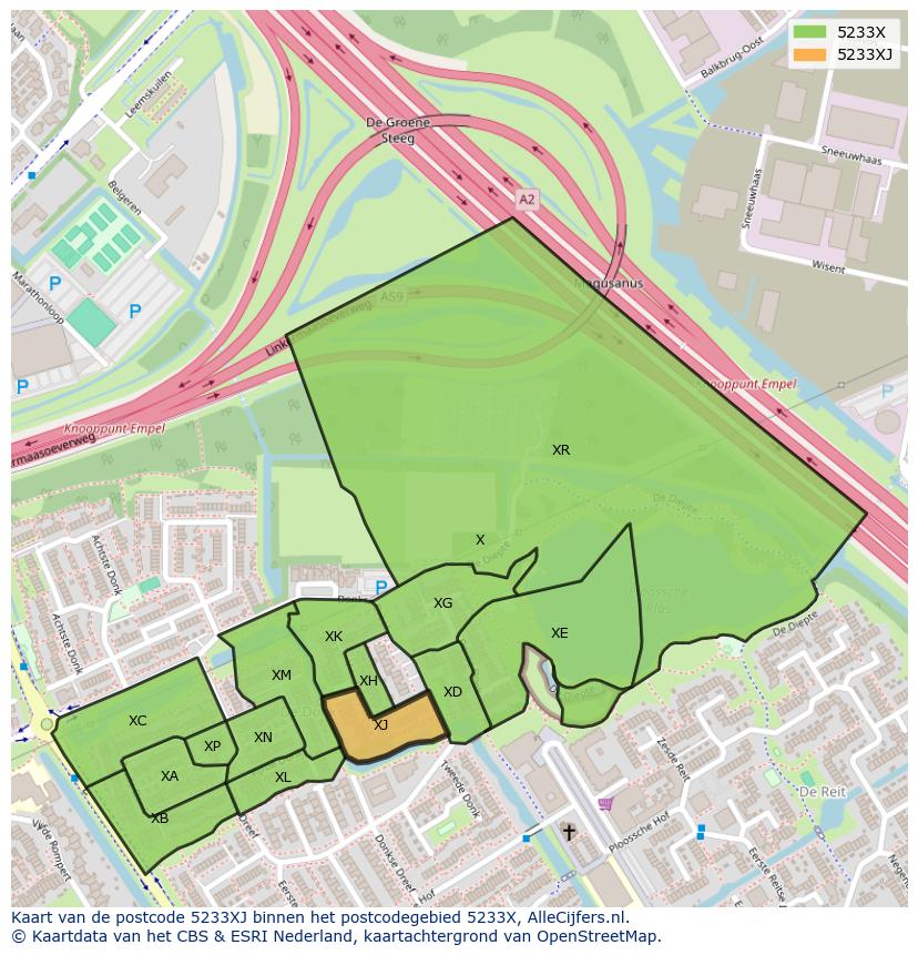 Afbeelding van het postcodegebied 5233 XJ op de kaart.
