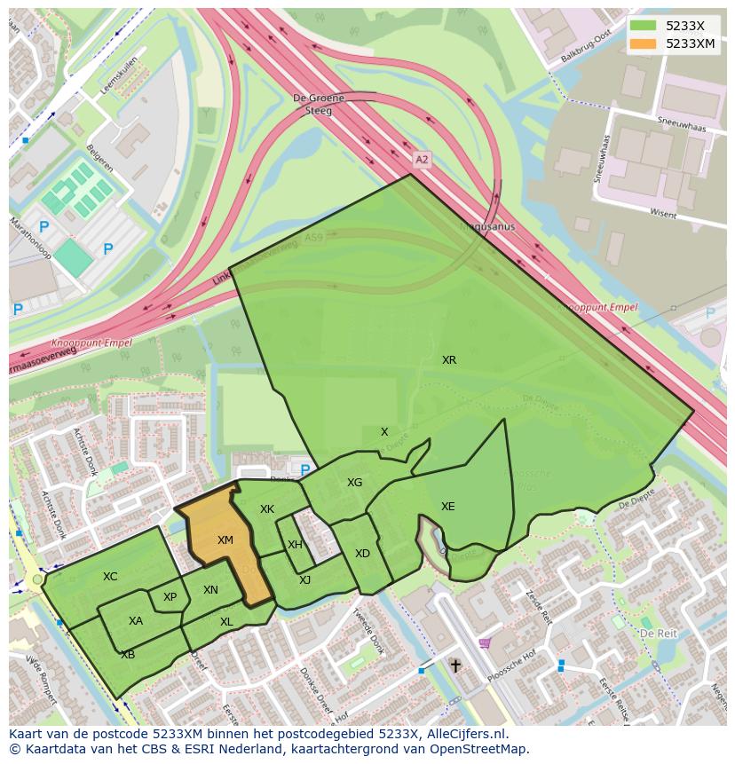Afbeelding van het postcodegebied 5233 XM op de kaart.