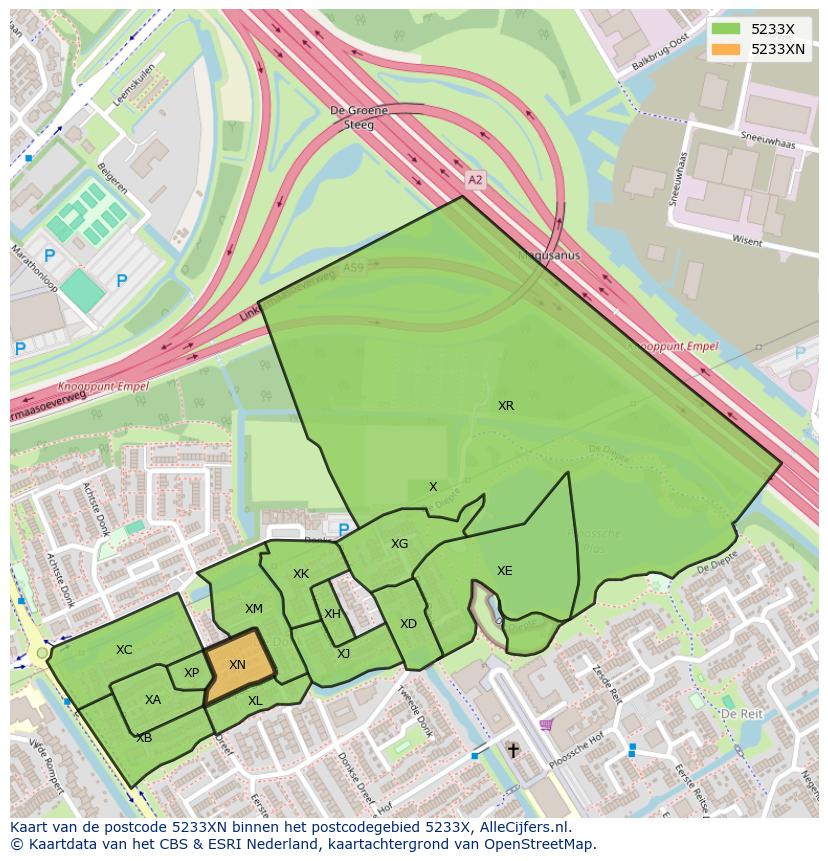 Afbeelding van het postcodegebied 5233 XN op de kaart.