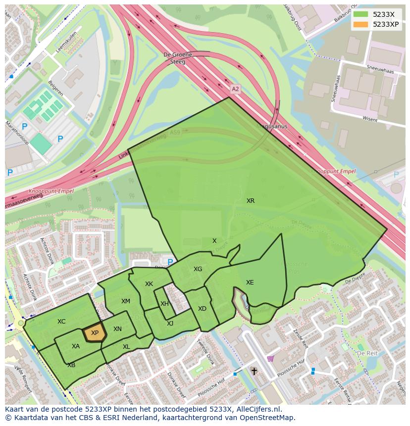 Afbeelding van het postcodegebied 5233 XP op de kaart.