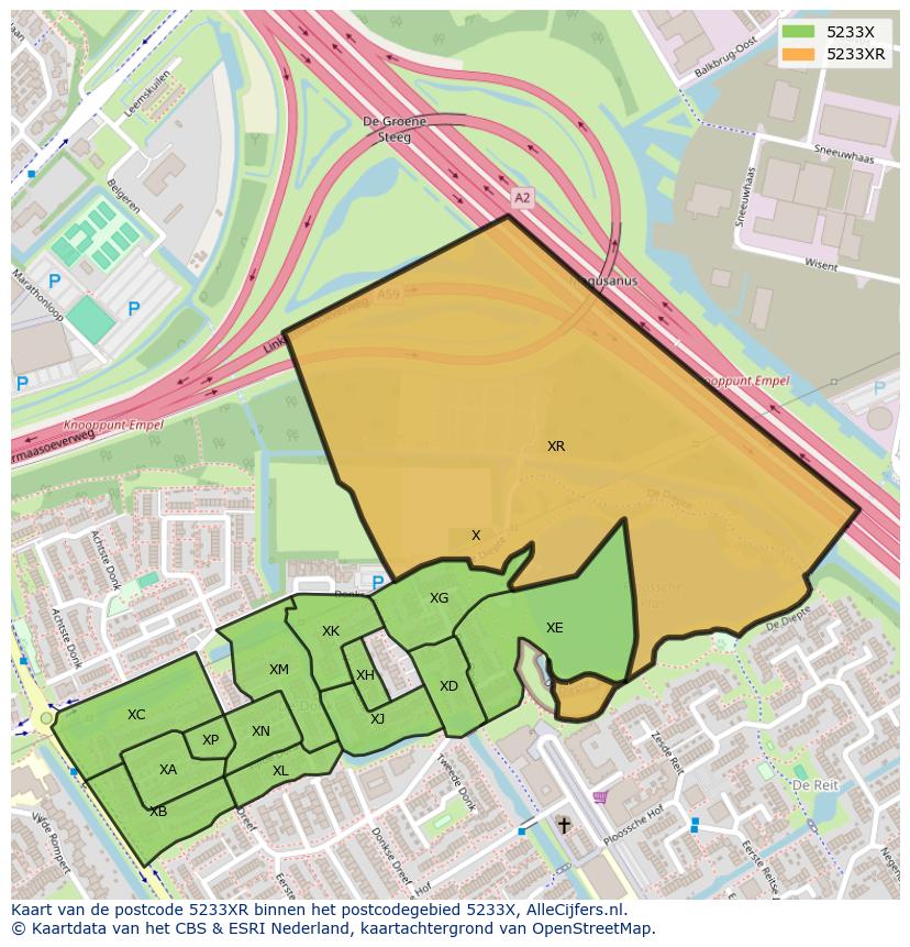 Afbeelding van het postcodegebied 5233 XR op de kaart.