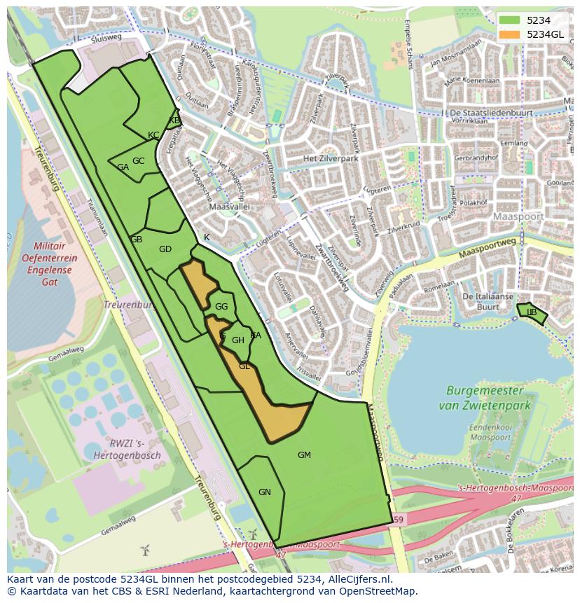 Afbeelding van het postcodegebied 5234 GL op de kaart.