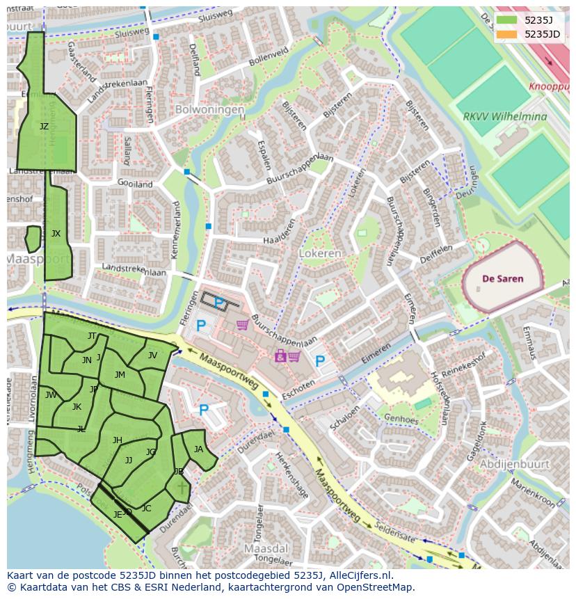 Afbeelding van het postcodegebied 5235 JD op de kaart.