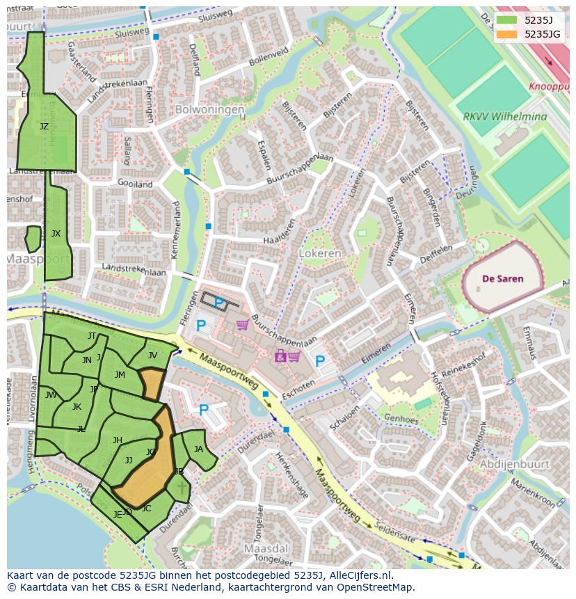 Afbeelding van het postcodegebied 5235 JG op de kaart.