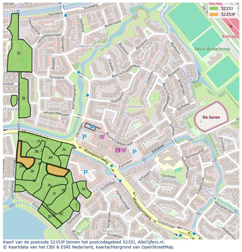 Afbeelding van het postcodegebied 5235 JP op de kaart.