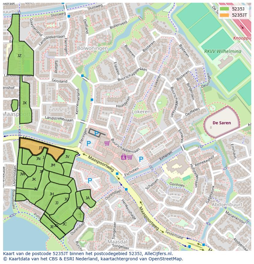 Afbeelding van het postcodegebied 5235 JT op de kaart.