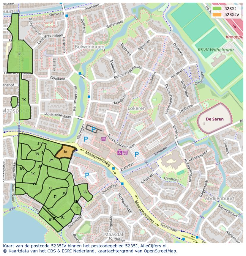 Afbeelding van het postcodegebied 5235 JV op de kaart.