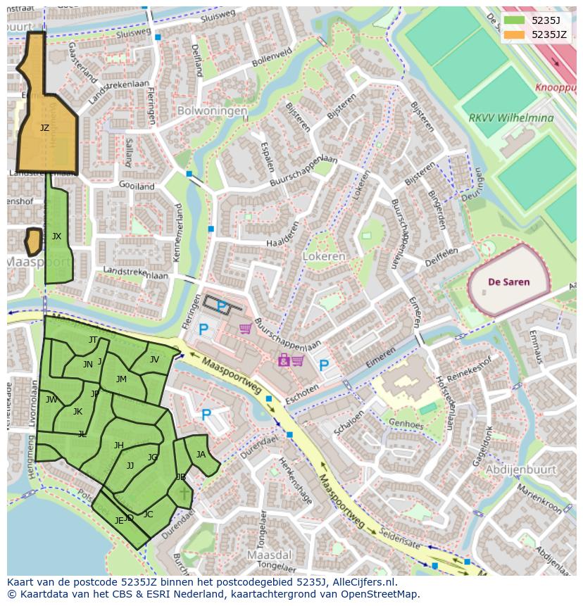 Afbeelding van het postcodegebied 5235 JZ op de kaart.