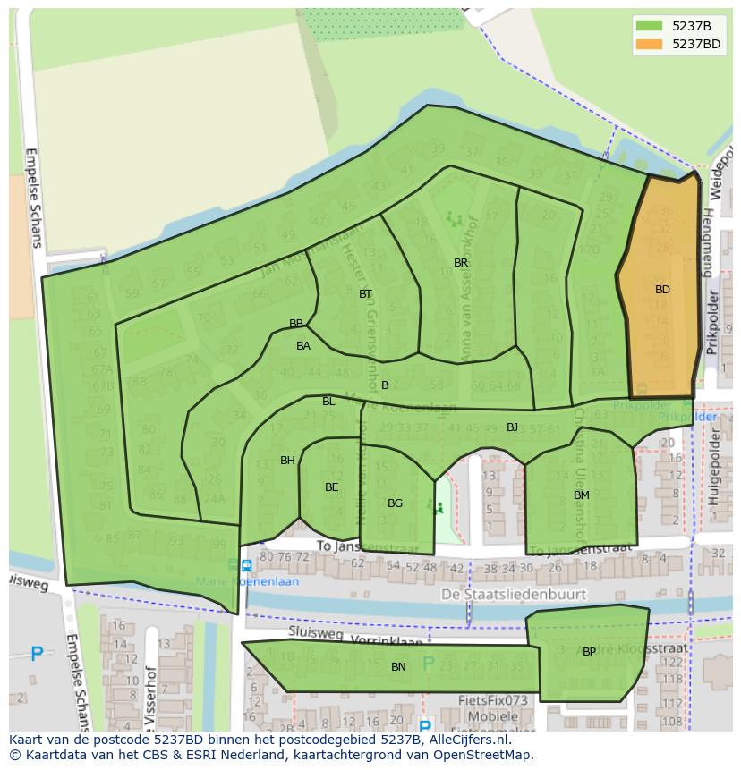 Afbeelding van het postcodegebied 5237 BD op de kaart.