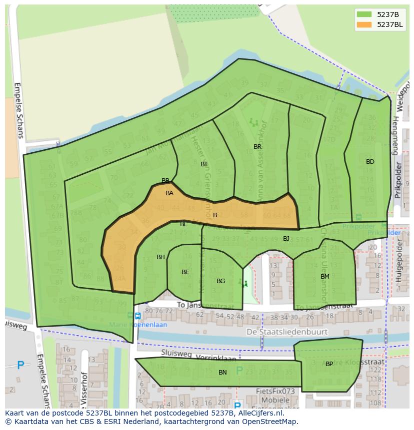 Afbeelding van het postcodegebied 5237 BL op de kaart.