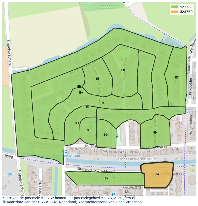Afbeelding van het postcodegebied 5237 BP op de kaart.