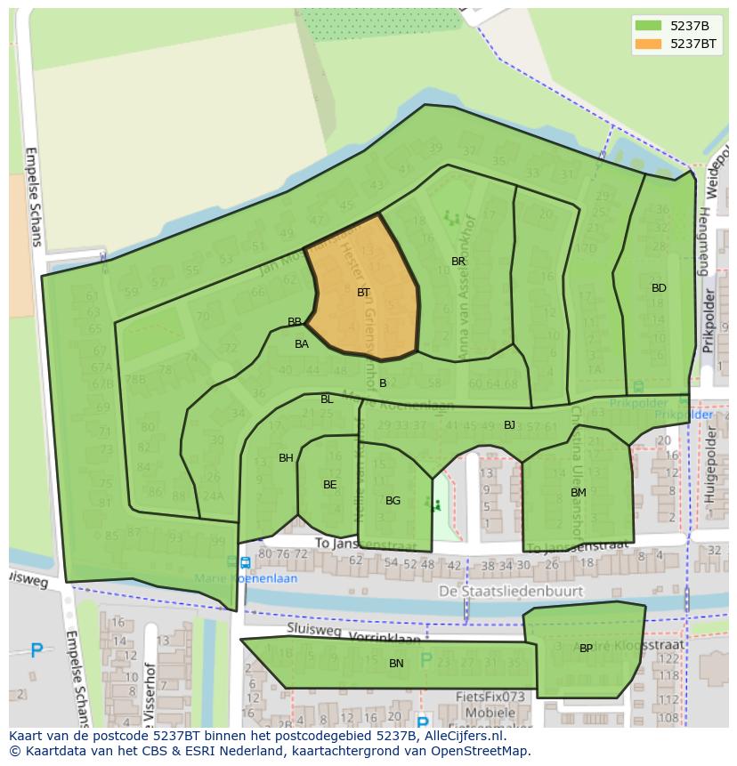 Afbeelding van het postcodegebied 5237 BT op de kaart.