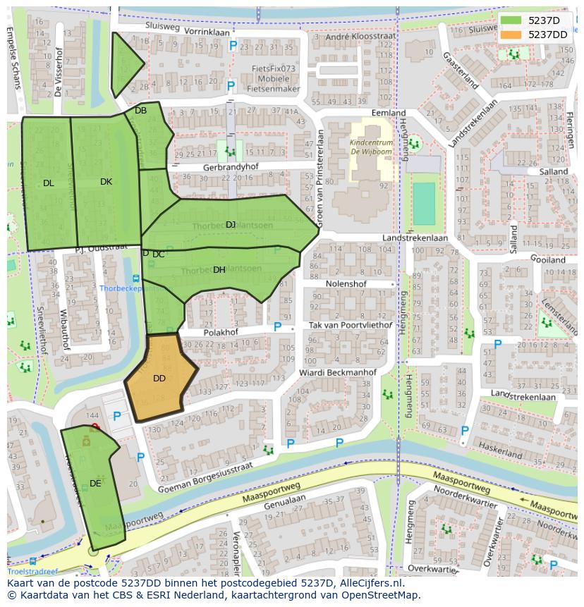 Afbeelding van het postcodegebied 5237 DD op de kaart.