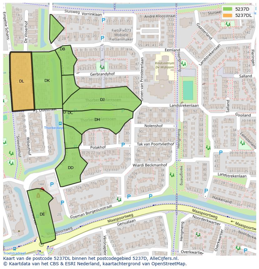 Afbeelding van het postcodegebied 5237 DL op de kaart.
