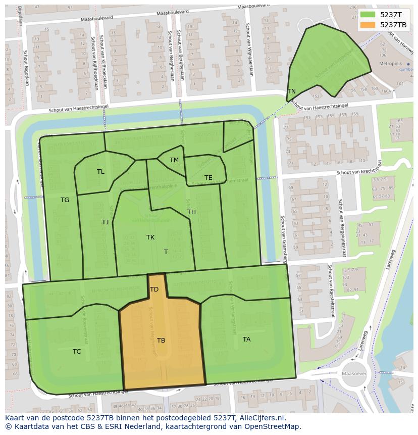 Afbeelding van het postcodegebied 5237 TB op de kaart.
