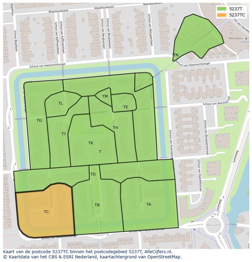 Afbeelding van het postcodegebied 5237 TC op de kaart.