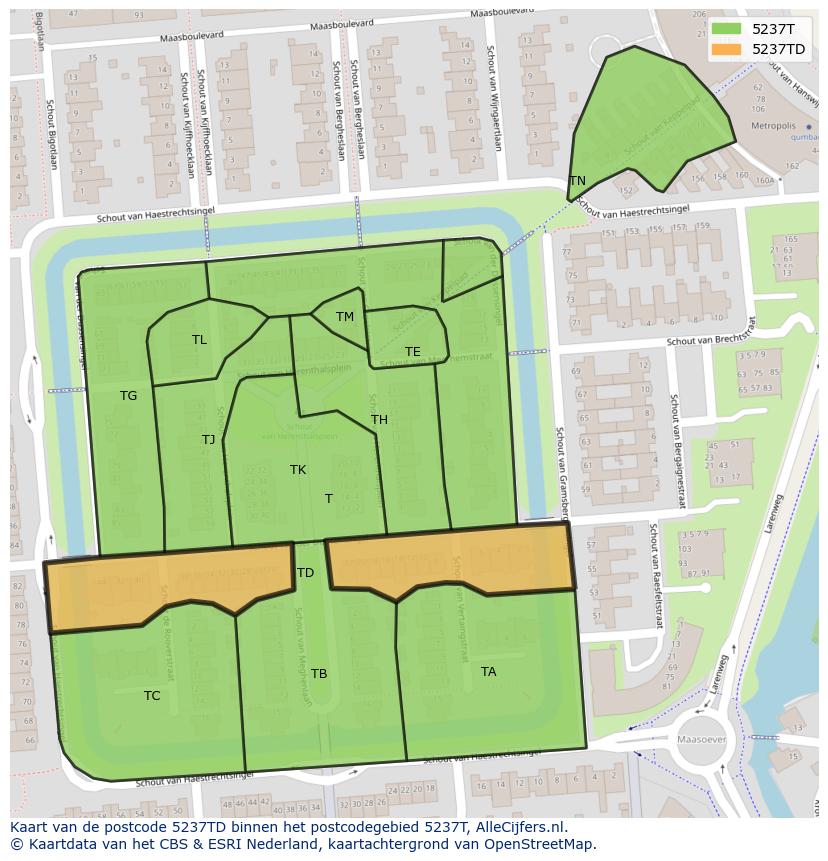 Afbeelding van het postcodegebied 5237 TD op de kaart.