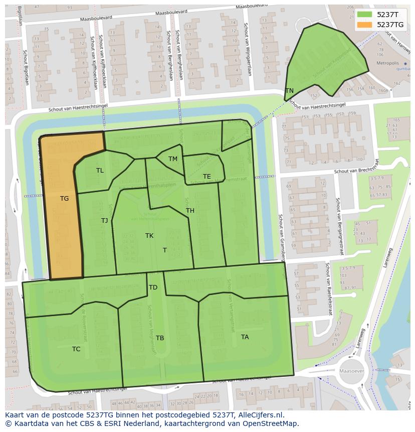 Afbeelding van het postcodegebied 5237 TG op de kaart.