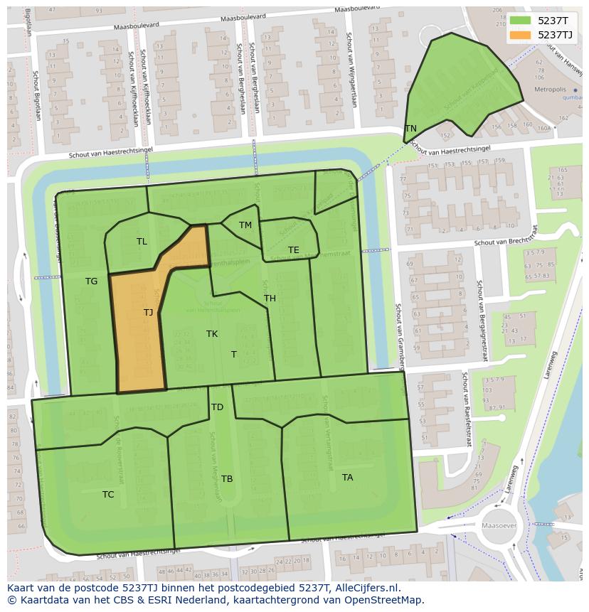 Afbeelding van het postcodegebied 5237 TJ op de kaart.