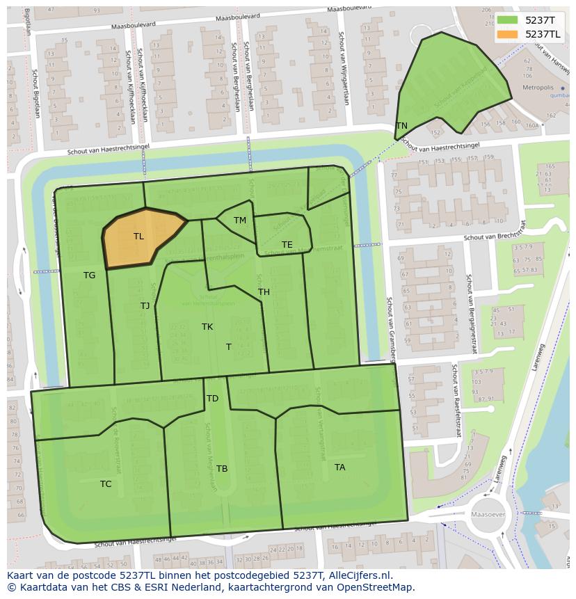 Afbeelding van het postcodegebied 5237 TL op de kaart.