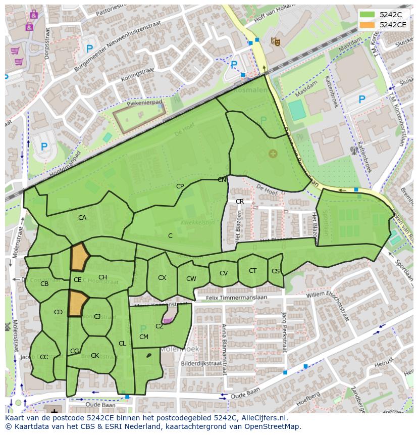 Afbeelding van het postcodegebied 5242 CE op de kaart.