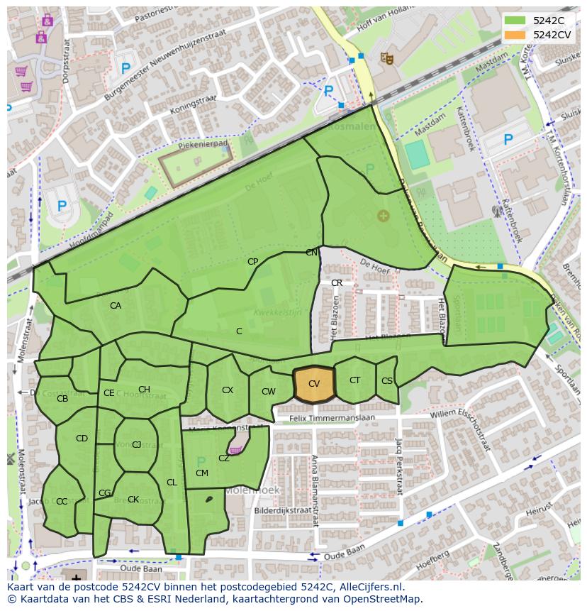Afbeelding van het postcodegebied 5242 CV op de kaart.