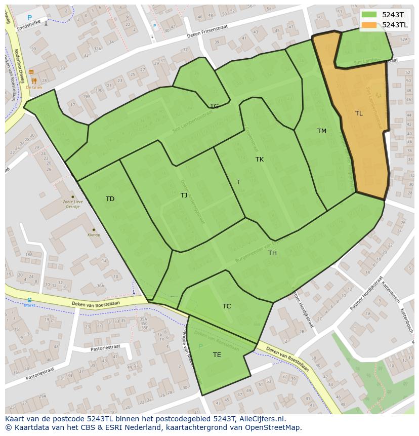 Afbeelding van het postcodegebied 5243 TL op de kaart.