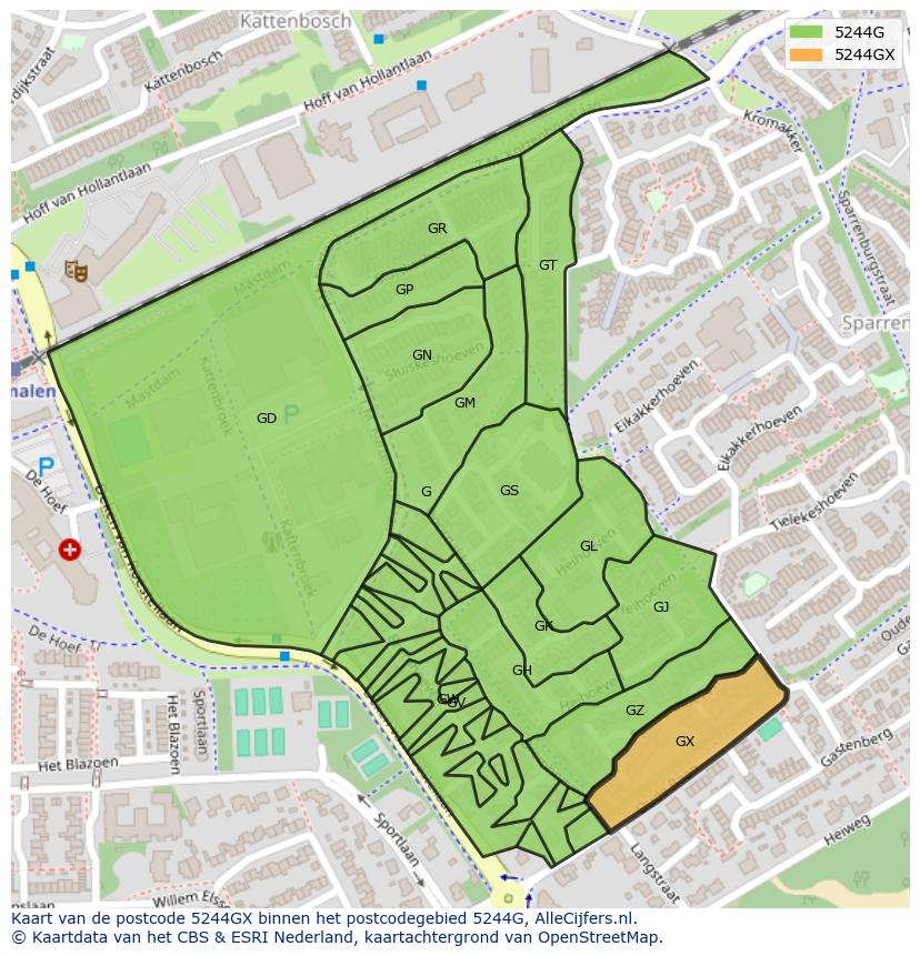 Afbeelding van het postcodegebied 5244 GX op de kaart.