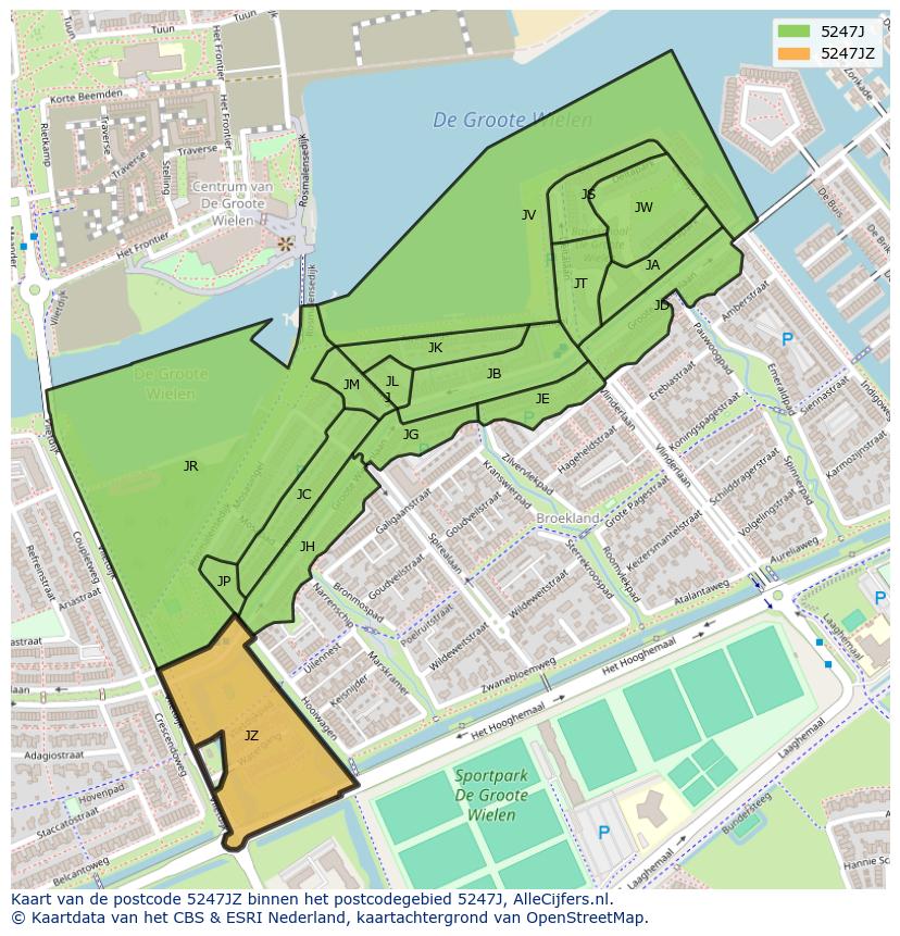 Afbeelding van het postcodegebied 5247 JZ op de kaart.