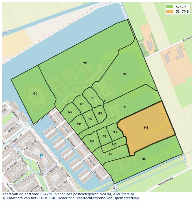Afbeelding van het postcodegebied 5247 MB op de kaart.