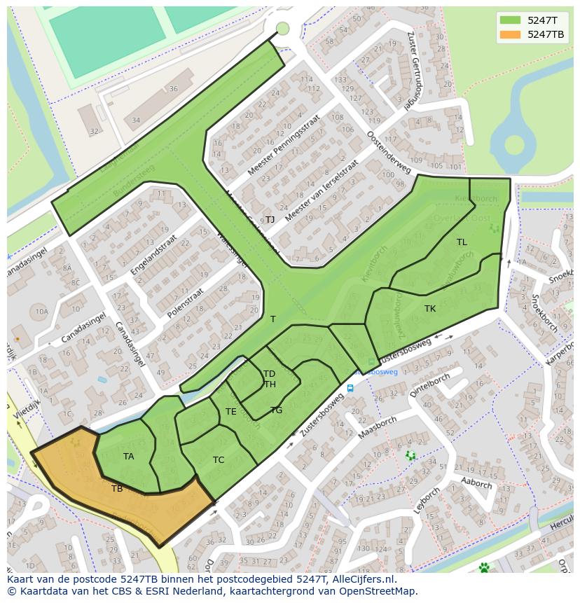 Afbeelding van het postcodegebied 5247 TB op de kaart.