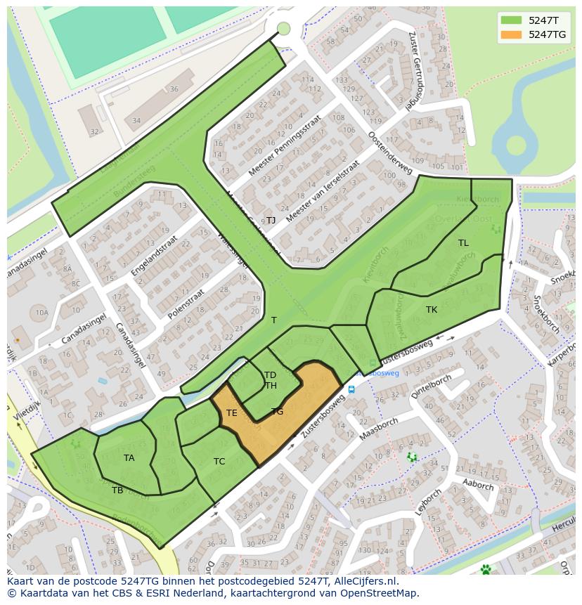 Afbeelding van het postcodegebied 5247 TG op de kaart.