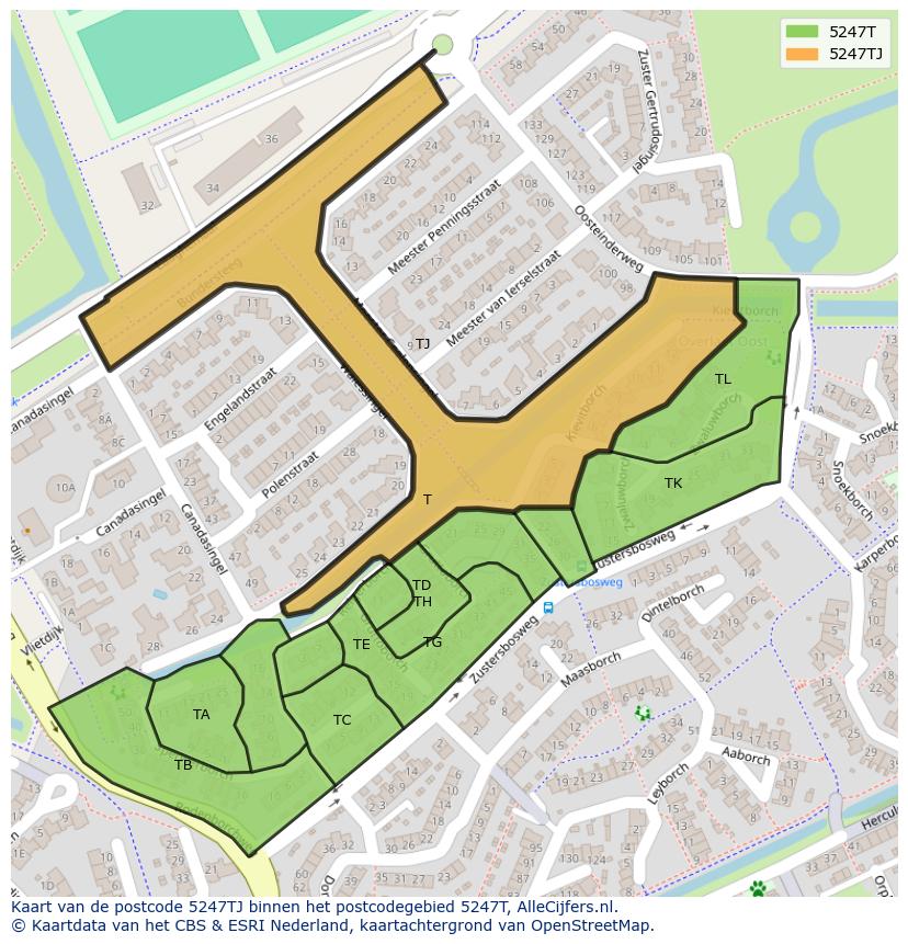 Afbeelding van het postcodegebied 5247 TJ op de kaart.