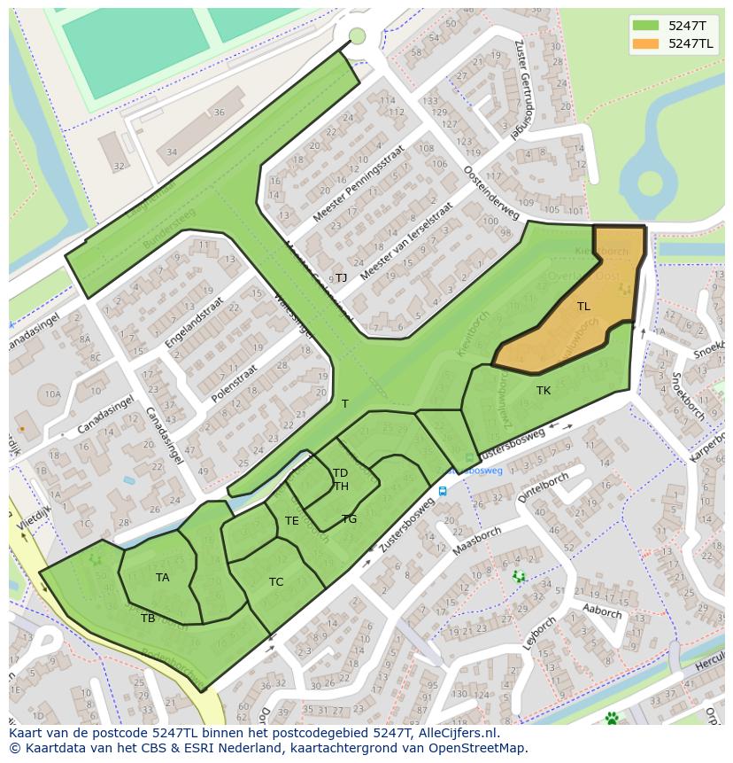 Afbeelding van het postcodegebied 5247 TL op de kaart.