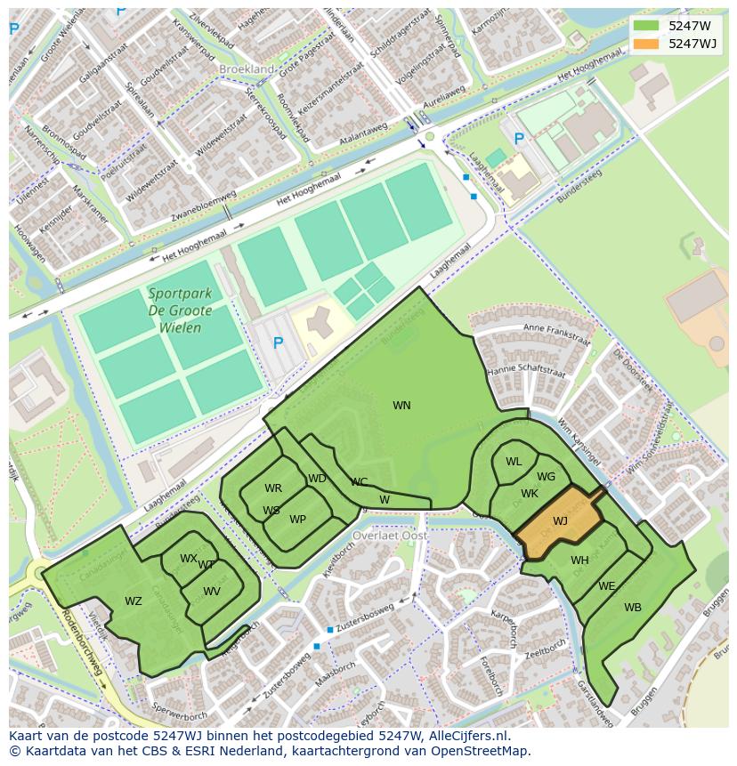 Afbeelding van het postcodegebied 5247 WJ op de kaart.
