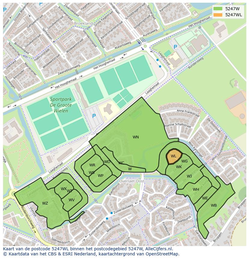 Afbeelding van het postcodegebied 5247 WL op de kaart.