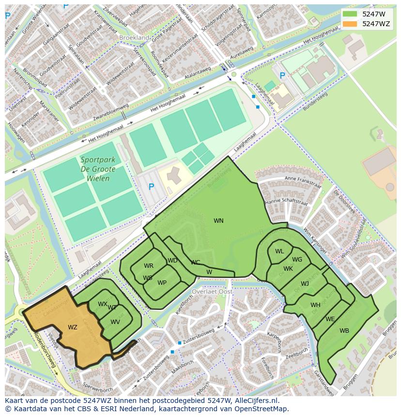 Afbeelding van het postcodegebied 5247 WZ op de kaart.