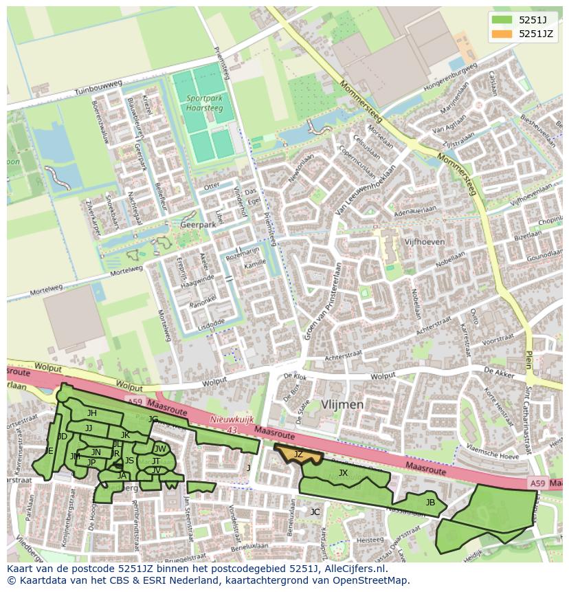 Afbeelding van het postcodegebied 5251 JZ op de kaart.